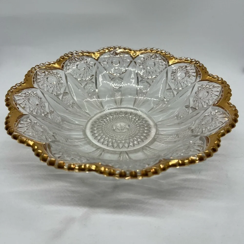 Vintage Glass Bowl EAPG American Brilliant Clear Gold Rim 9” Stars Sawtooth Rim